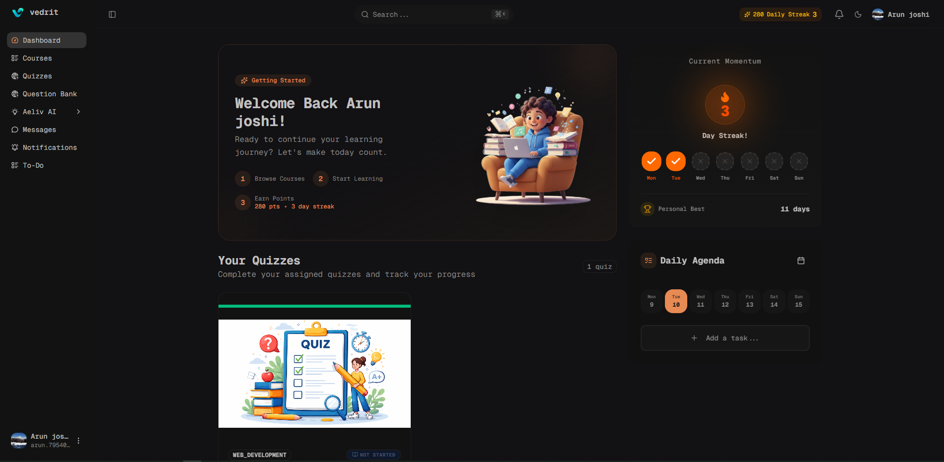 Vedrit online learning platform dashboard — courses, quizzes, AI teacher (dark mode)