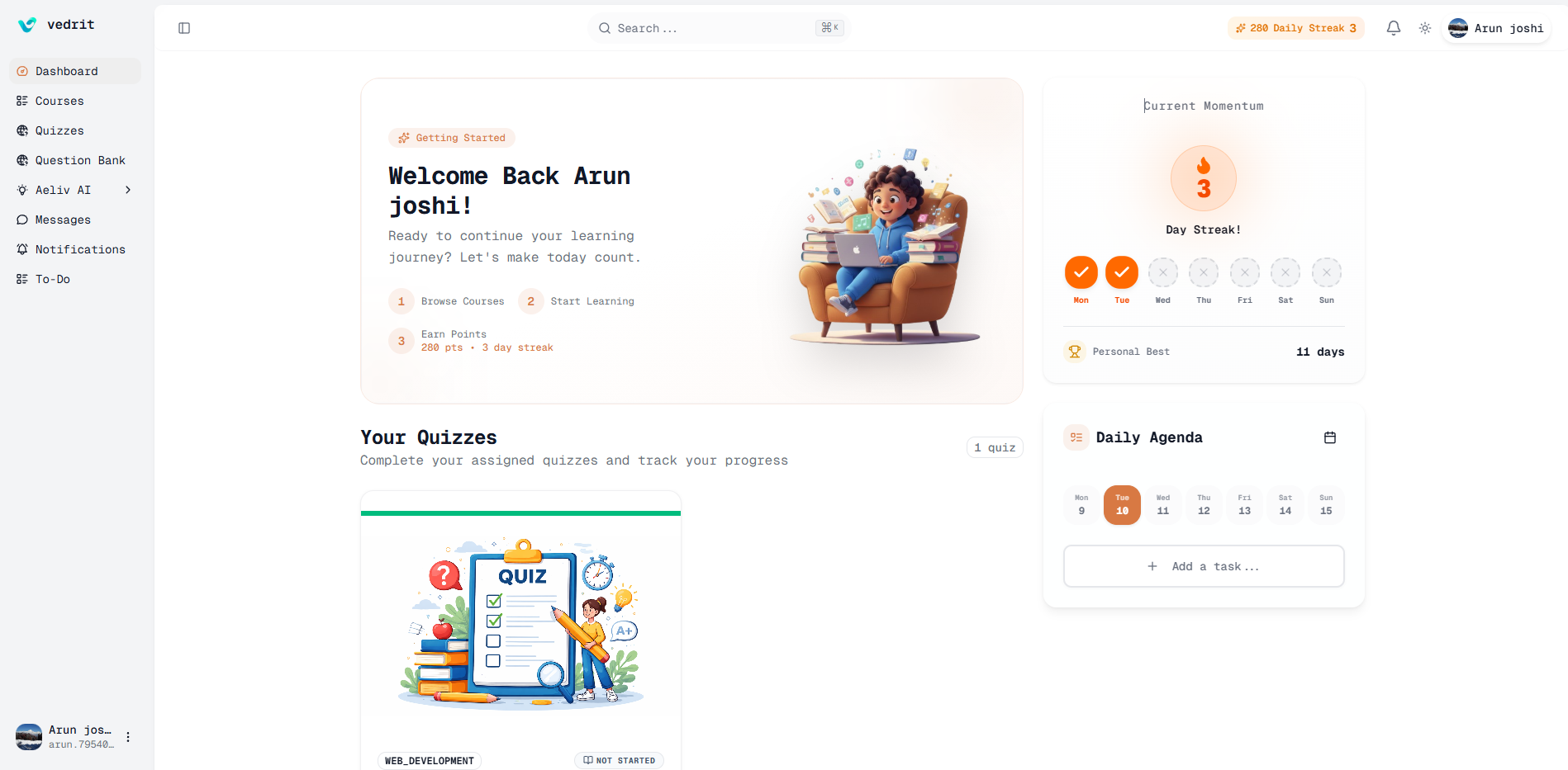Vedrit online learning platform dashboard — courses, quizzes, AI teacher (light mode)
